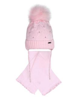 Zimný komplet čiapka s brmbolcom sv. ružová + šál, obv. hlavy 44-46 cm