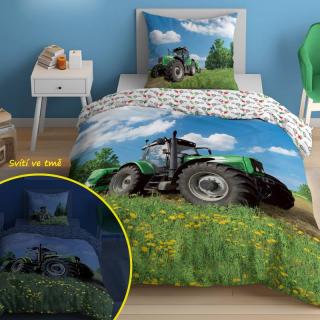 DETEXPOL Svietiace obliečky Traktor na lúke Bavlna, 140/200, 70/80 cm