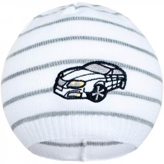 NEW BABY Jarná čiapočka s autíčkom bielo-tmavo sivá 100% bavlna 104 (3-4r)