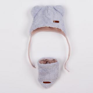 NEW BABY Zimní kojenecká čepička s šátkem na krk Teddy bear šedo ružová Bavlna/Polyester/Elastan 62 (3-6m)