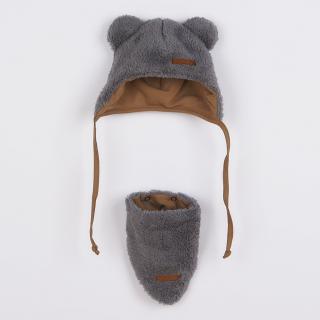NEW BABY Zimní kojenecká čepička s šátkem na krk Teddy bear sivá Bavlna/Polyester/Elastan 62 (3-6m)