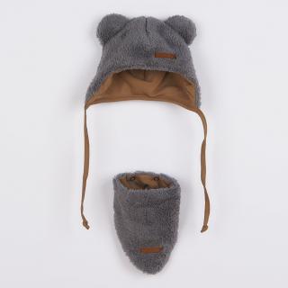 NEW BABY Zimní kojenecká čepička s šátkem na krk Teddy bear sivá Bavlna/Polyester/Elastan 74 (6-9m)