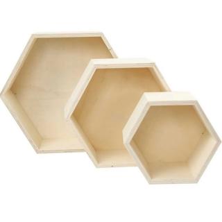 Drevené úložné boxy 3 ks | šesťuholníkový tvar (poličky zo svetlého dreva)