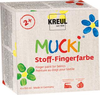 KREUL Sada prstových farieb na textil MUCKI - 4 x 150 ml (Farby na textil pre deti)