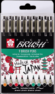 SAKURA Pigma® Brush sada kreatívnych pier 9 ks (Kreatívne perá SAKURA Pigma® Brush Pens 9ks)