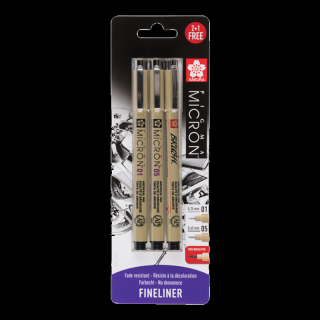 Sakura Pigma Micron® technické perá 01,05, Brush - sada 3ks v blistri (Mikrónové perá Sakura Pigma Micron® Black 01,05, Brush)