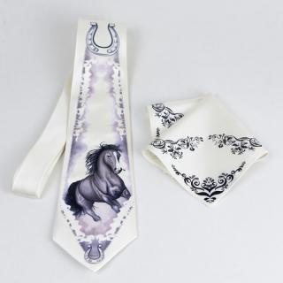 Hodvábna kravata a vreckovka, Slovenská výroba - Cválajúci kôň 100% hodváb