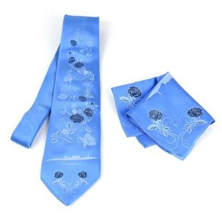Hodvábna kravata a vreckovka, Slovenská výroba - Modrá Bratislava 100% hodváb