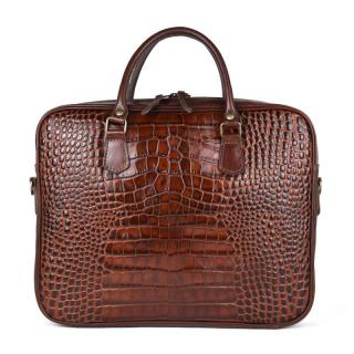 Kožená pracovná cestovná taška s dezénom krokodíla v hnedej farbe