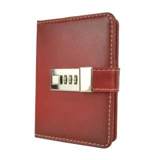 Kožený zápisník MINI s číselným zámkom v tmavo červenej farbe, ručne tieňovaný
