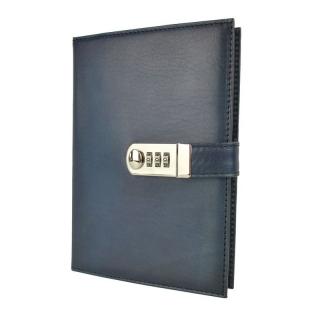 Kožený zápisník XXL s číselným zámkom v tmavo modrej farbe, ručne tieňovaný