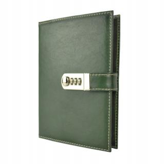 Kožený zápisník XXL s číselným zámkom v zelenej farbe, ručne tieňovaný