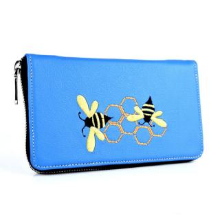Módna dámska vyšívaná kožená peňaženka č.8606 s motívom včelieho úľa, modrá farba