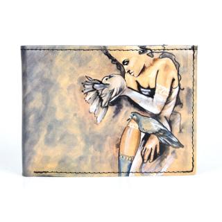 Ručne maľovaná kožená peňaženka 8552 s motívom Dievča s holubmi