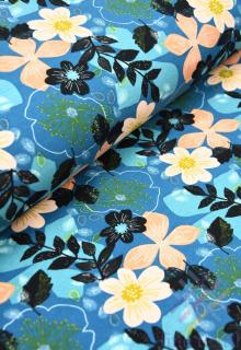 Teplákovina počesaná modrá - Ruzové kvety