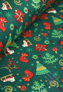 Vianočná bavlnená látka zelená - Stromy a vtáčiky