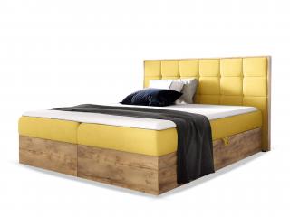 Čalúnená boxspring manželská posteľ WOOD 1 s úložným priestorom - žltá Kronos Rozmer: 140x200