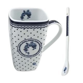 Darčeková sada šálka s lyžičkou "Elegant whit-blue", porcelán, 600 ml (EG22151)