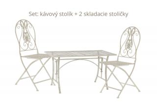 Záhradný set - kávový stolík 100x50x56 cm + 2 skladacie stoličky, biely kov s patinou (MB17693-1 COFFEE TABLE + 2x CHAIR METAL AGED WHITE 100X50X56 )