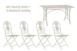 Záhradný set - kávový stolík 100x50x56 cm + 4 skladacie stoličky, biely kov s patinou (MB17693-1 COFFEE TABLE + 4x CHAIR METAL AGED WHITE 100X50X56 )