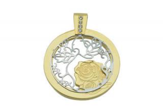 Prívesok medailon s ružou zlatý z ocele F008