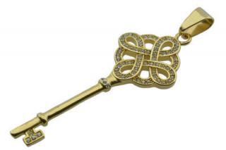 Prívesok zlatý z ocele kľúč s kryštálikmi F110