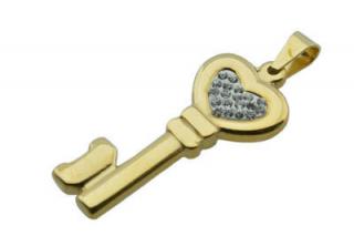 Prívesok zlatý z ocele kľúč s kryštálikmi F203