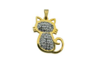Prívesok zlatý z  ocele mačka s kryštálmi F017