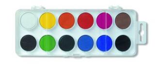 Školské vodové farby, 22.5mm, 12 farieb - biely spodok