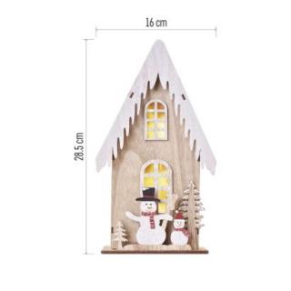 LED decorative wooden - house with snowmen, 28,5 cm, 2x AA, indoor, warm white, timer