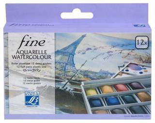 Akvarelové farby Lefranc Bourgeois Fine Aquarelle - 12 farieb s mini paletkou so 4 priečinkami a šikovným držiakom na prst