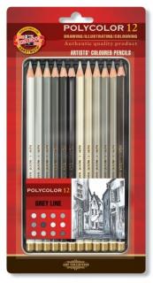 Farbičky KOH-I-NOOR POLYCOLOR - sada 12 ks - odtiene šedej
