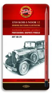Grafitové ceruzky KOH-I-NOOR - sada 12 ks - tvrdosť ART 8B-2H (mäkká gradácia) - v plechovej krabičke