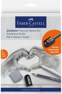 Sada uhlíkov FABER-CASTELL Goldfaber na skicovanie - 6 ks + strúhadlo, guma a papierový rozotierač