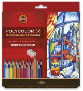 Umelecké farbičky KOH-I-NOOR POLYCOLOR 3835 - 36 ks + 2 ks 1500 + 1 ks strúhadlo - šesťhranné - v papierovej krabičke
