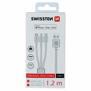 Textilný dátový kábel Swissten 3in1 MFi 1,2 M - stieborný