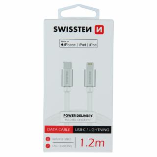 Textilný dátový kábel Swissten USB-C / LIGHTNING MFi 1,2 M - strieborný