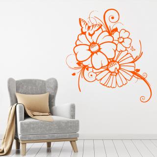 Samolepka Kvety s motýlikmi Farba: oranžová, Veľkosť: 100 x 92 cm