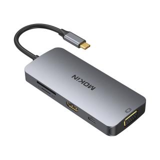 Adaptér MOKiN 8v1 USB-C na 3x USB 3.0 + HDMI + USB-C + VGA + čítačka kariet SD + čítačka kariet Micro SD (strieborná)
