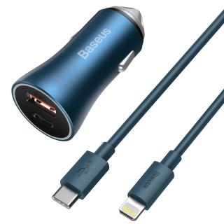 Baseus Golden Contactor Pro nabíjačka do auta, USB + USB-C, QC4.0+, PD, SCP, 40W (modrá) + USB-C - Lightning kábel 1m (modrá)