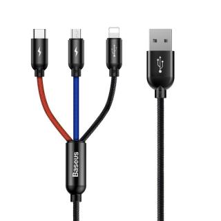 Baseus Rapid USB kábel 3v1 typu C / Lightning / Micro 3A 1,2M - čierny