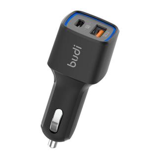 Budi LED nabíjačka do auta, USB + USB-C, 18 W, PD + QC 3.0 (čierna)