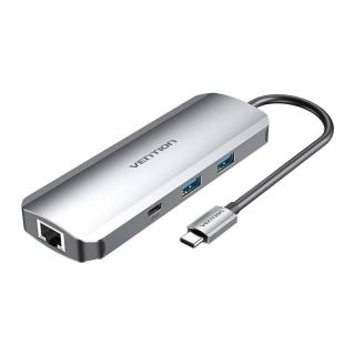 Dokovacia stanica USB-C na HDMI, USB-C, 2x USB3.0, RJ45, SD, TF, TRRS 3,5 mm, PD 0,15 m Vention TOMHB (sivá)