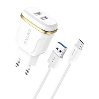 Foneng T240 2x USB nástenná nabíjačka, 2,4A + kábel USB na USB-C (biely)