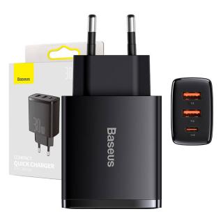 Kompaktná rýchlonabíjačka Baseus, 2xUSB, USB-C, PD, 3A, 30W (čierna)
