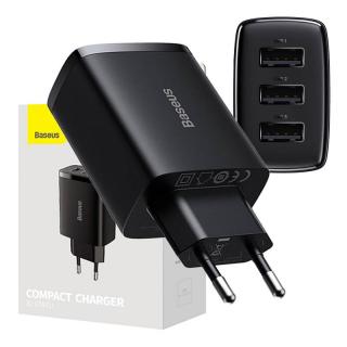 Kompaktná rýchlonabíjačka Baseus, 3x USB, 17 W (čierna)