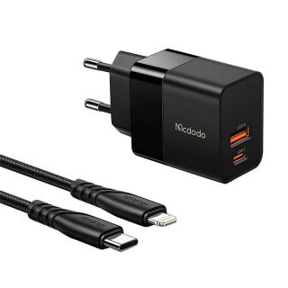 Mcdodo CH-1952 USB + USB-C nástenná nabíjačka, 20 W + kábel USB-C na Lightning (čierna)