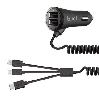 Nabíjačka do auta 2x USB Budi 068T3, 3,4A + kábel 3v1 USB do USB-C / Lightning / Micro USB (čierna)