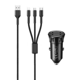 Nabíjačka do auta 2x USB, Remax RCC236, 2,4A (čierna) + kábel 3 v 1