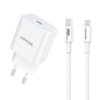 Nástenná nabíjačka Vipfan E04, USB-C, 20 W, QC 3.0 + Lightning kábel (biela)